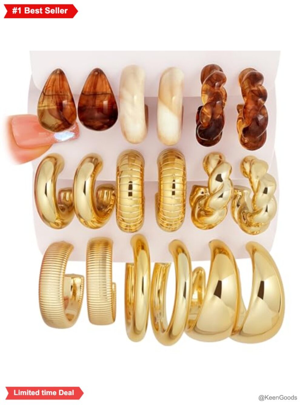 Chunky Gold Hoop Earrings 9 Pairs Resin Acrylic Tear Drop C Shape Set